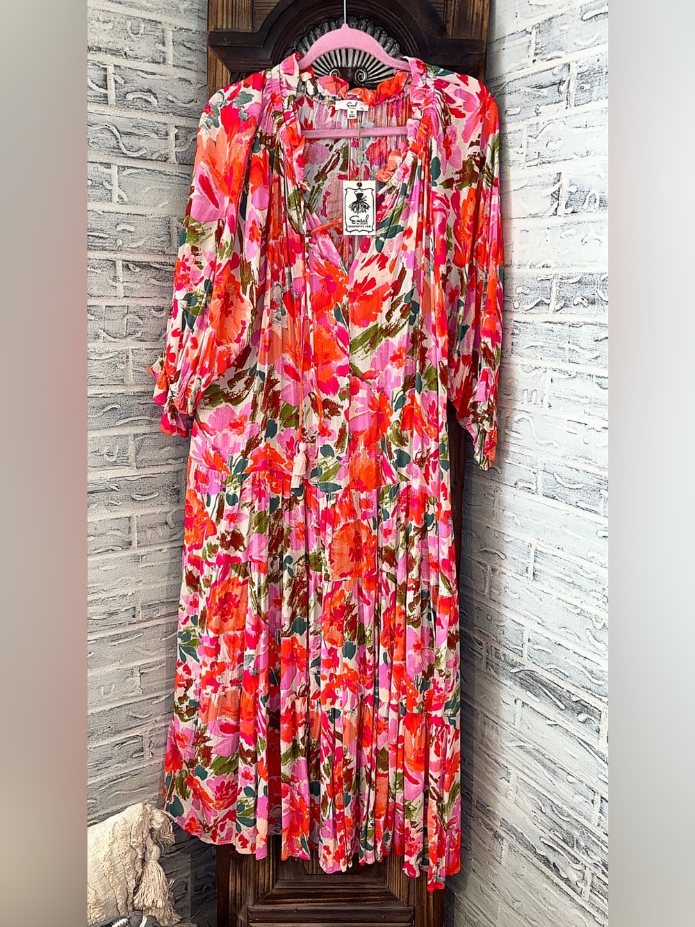 easel Pink and Orange Floral Maxi Dress with Green Accents